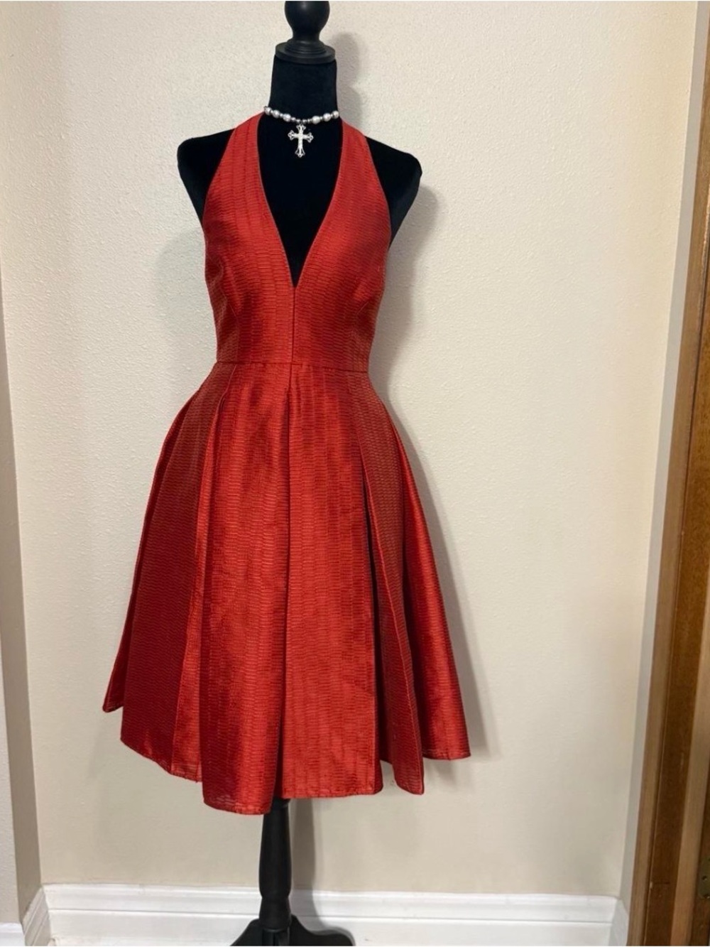 Halston Heritage Red Halter Fit-and-Flare Midi Dress